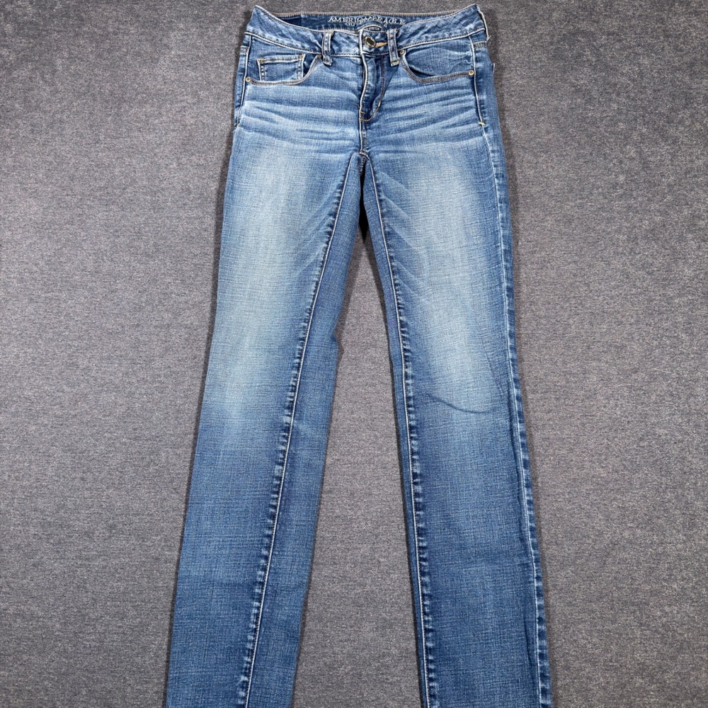 American Eagle Skinny Jeans Women 2 Long Blue Super Stretch Low Rise Denim Pants